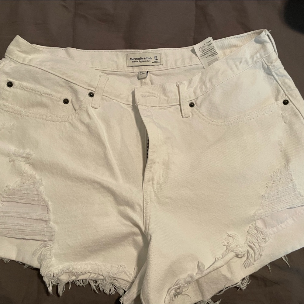 Abercrombie Curve Love White Denim Distressed Shorts